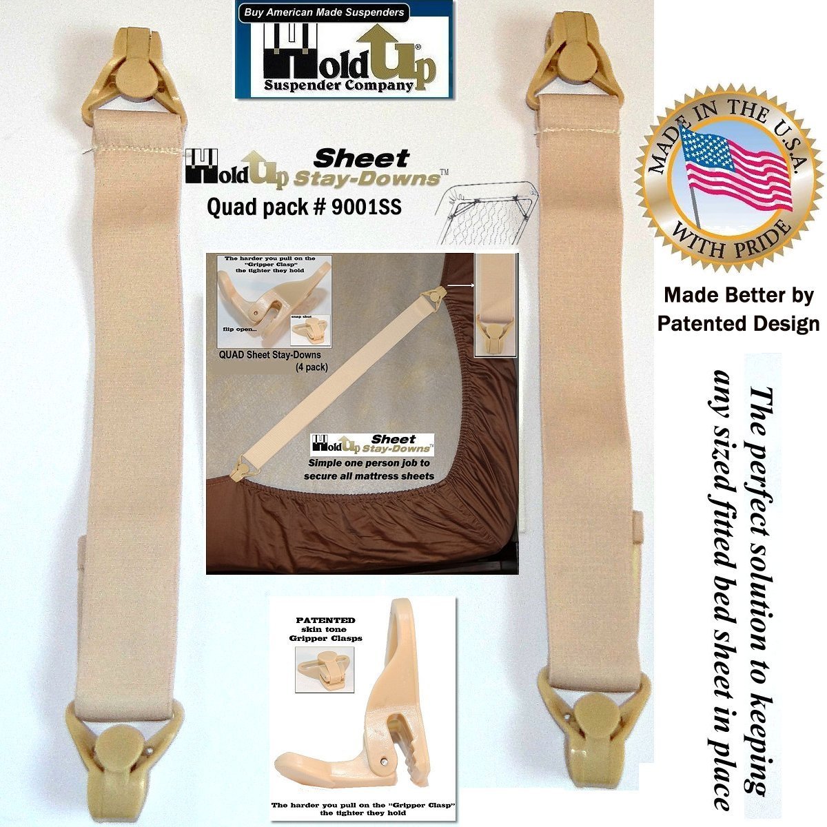 HoldUp Stay-Downs Adjustable Fitted Sheet Mattress Corner Straps with Patented Gripper Clasps