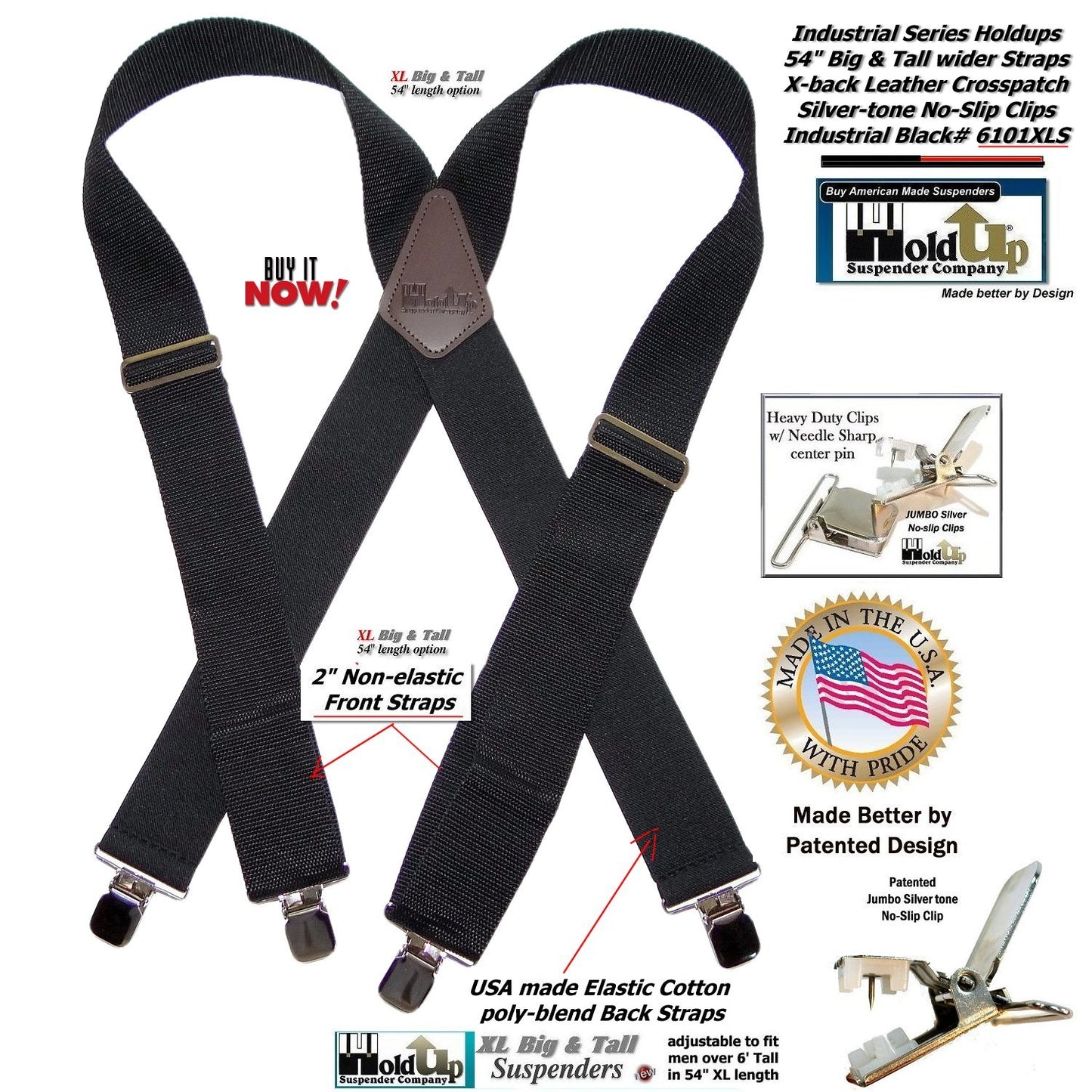 Holdup XL Black Industrial Series Non-elastic Suspenders with No-slip Jumbo Silver Clips