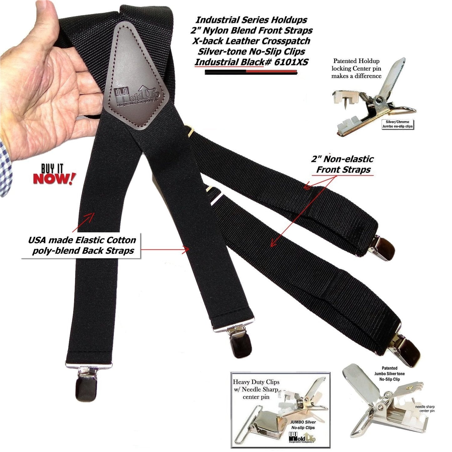 Hold-Ups Black Industrial 2" Wide Non-elastic Suspenders with No-slip Jumbo Silver no-slip clips