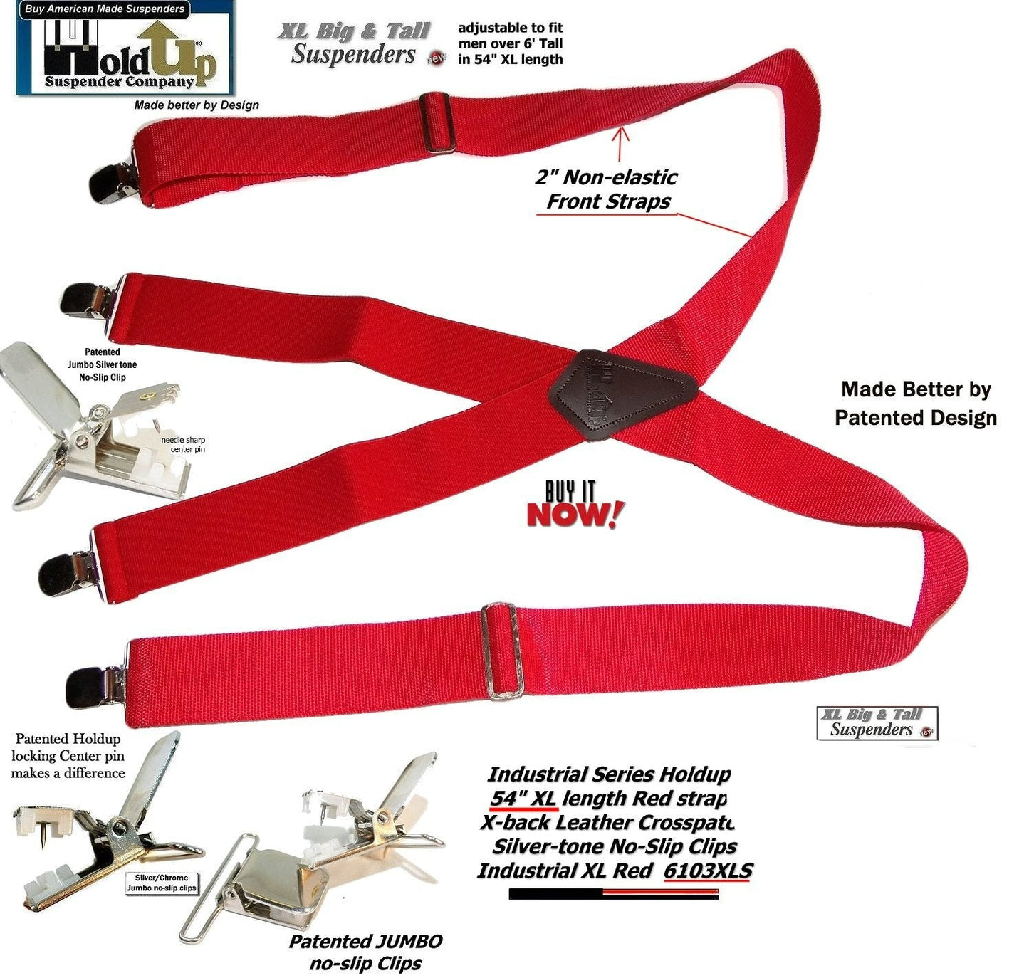RED Industrial Series Heavy Duty X-back Suspenders with No-slip Jumbo Silver Clips