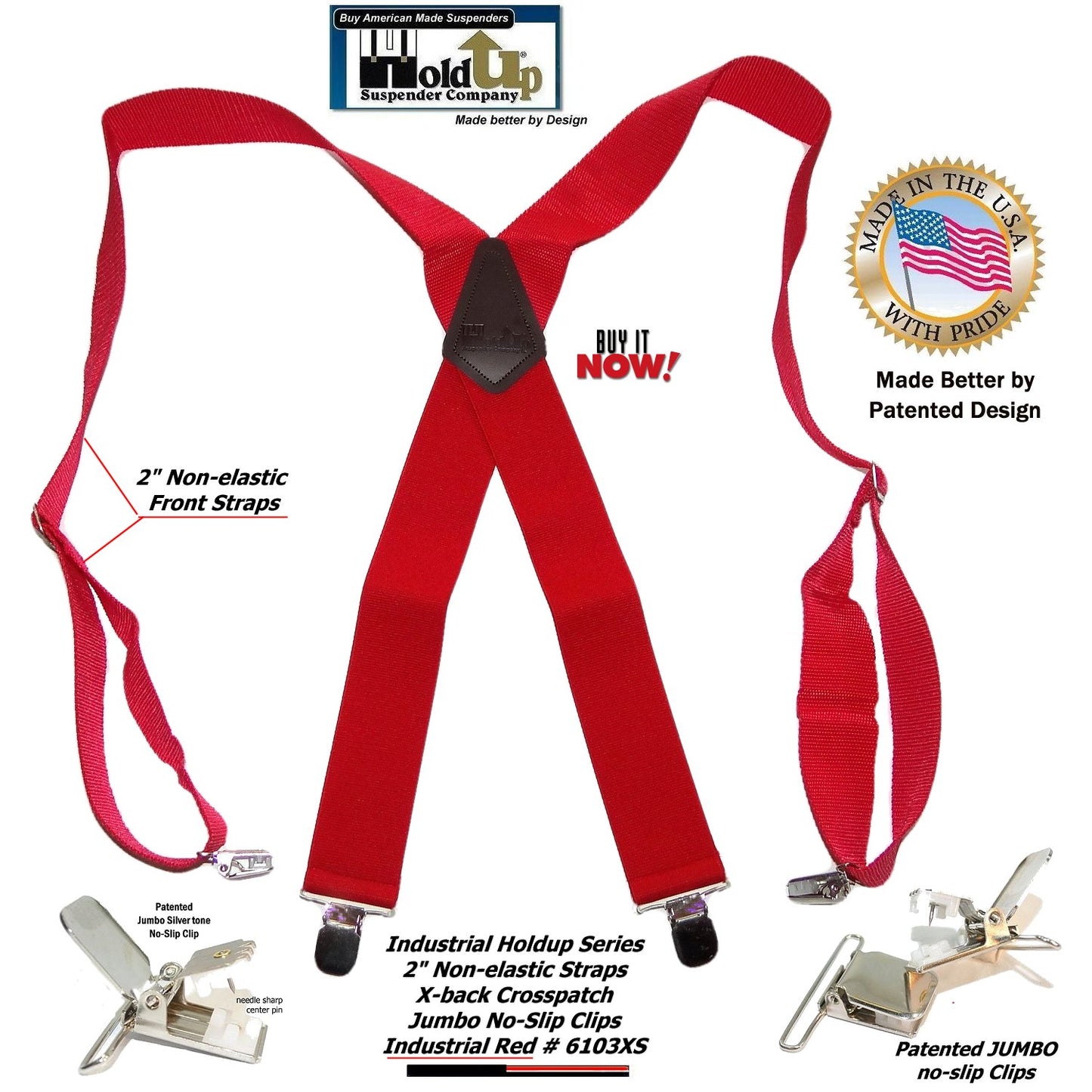 Red Industrial Series 2" Wide Holdup Work Suspenders with Jumbo Silver-tone No-slip clips