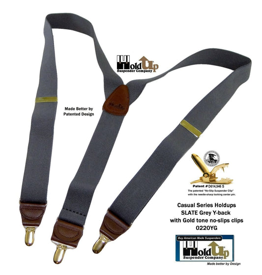 Men's Dark Slate Grey 1 1/2" wide Holdup Suspenders with Brown leather Y-back crosspatch and USA Patented No-slip Gold tone Clips
