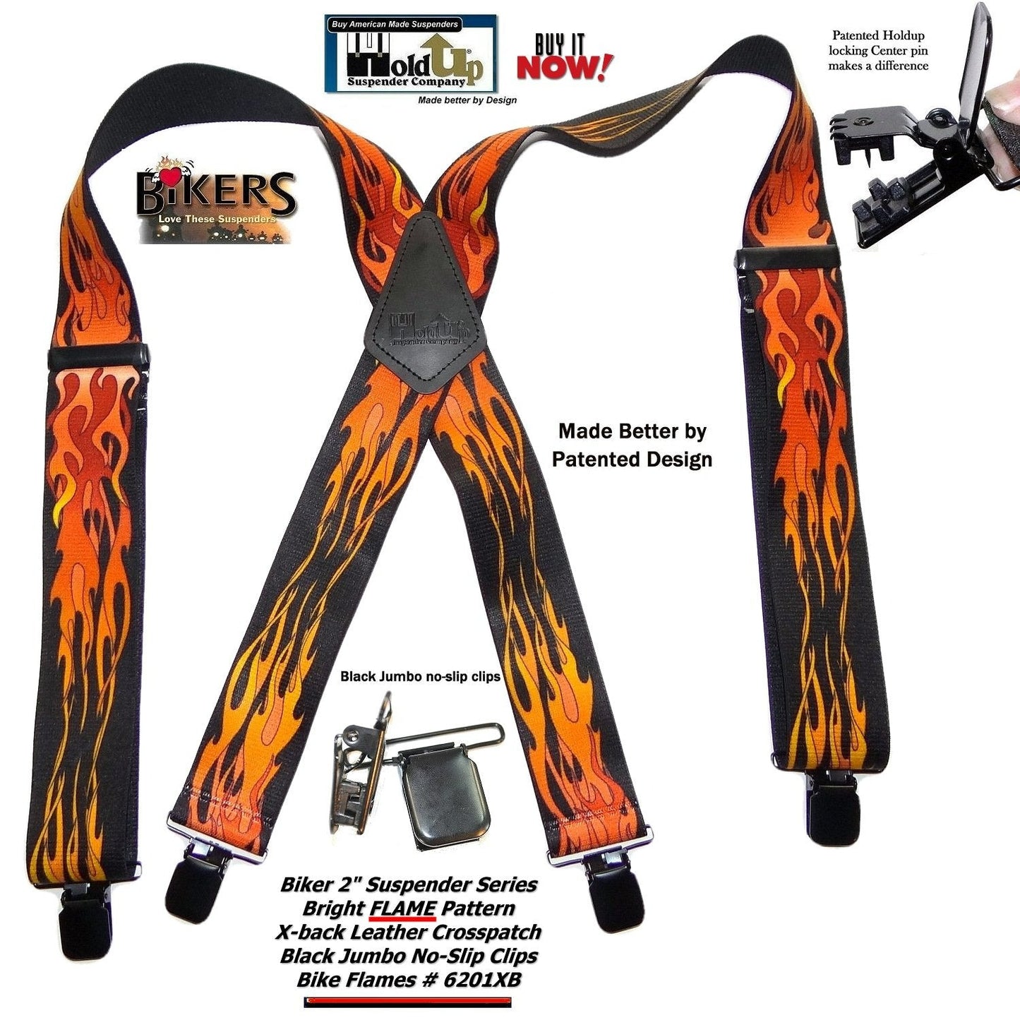 Hold-Ups Flame Pattern 2" wide Biker Suspenders with USA Patented Jumbo no-slip Clips