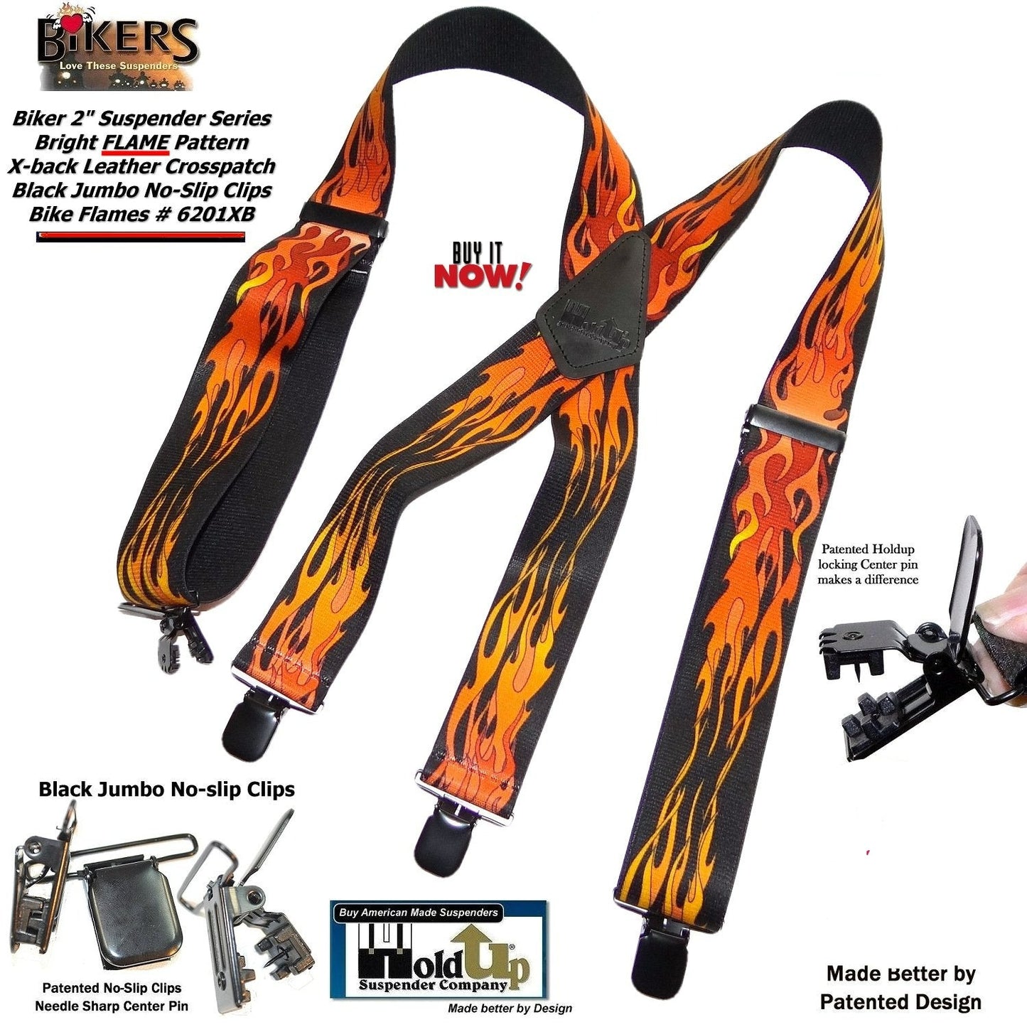 Hold-Ups Flame Pattern 2" wide Biker Suspenders with USA Patented Jumbo no-slip Clips