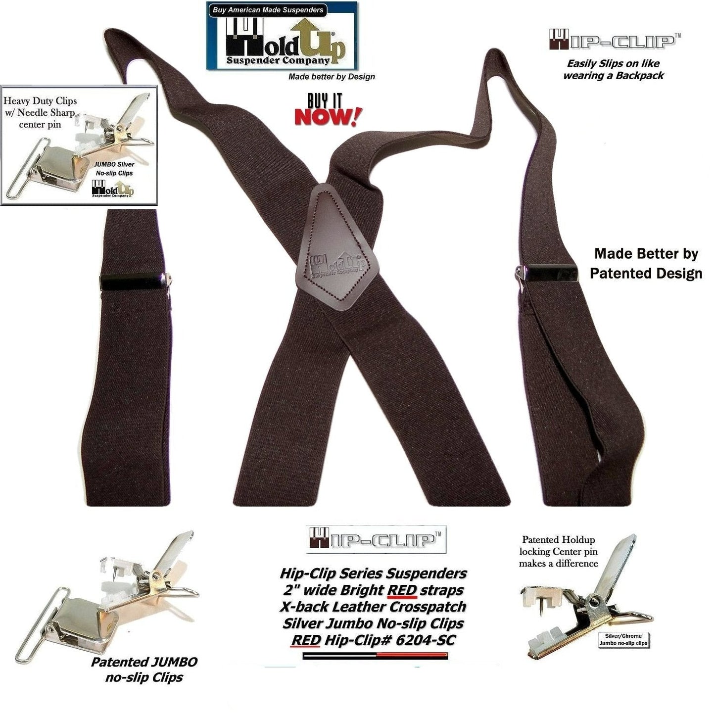 Holdup 2" wide Dark Brown Hip-clip Side Clip Suspenders with USA patented Jumbo No-slip Clips