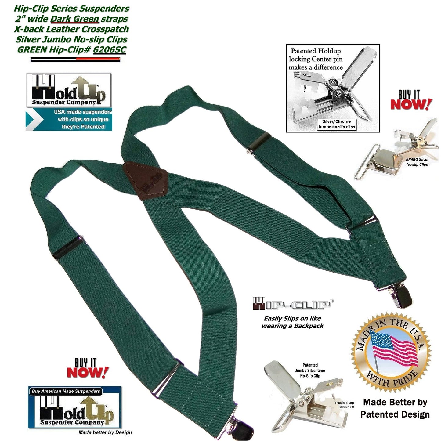 Dark Green side clip Holdup Hip-clip suspenders made in the USA