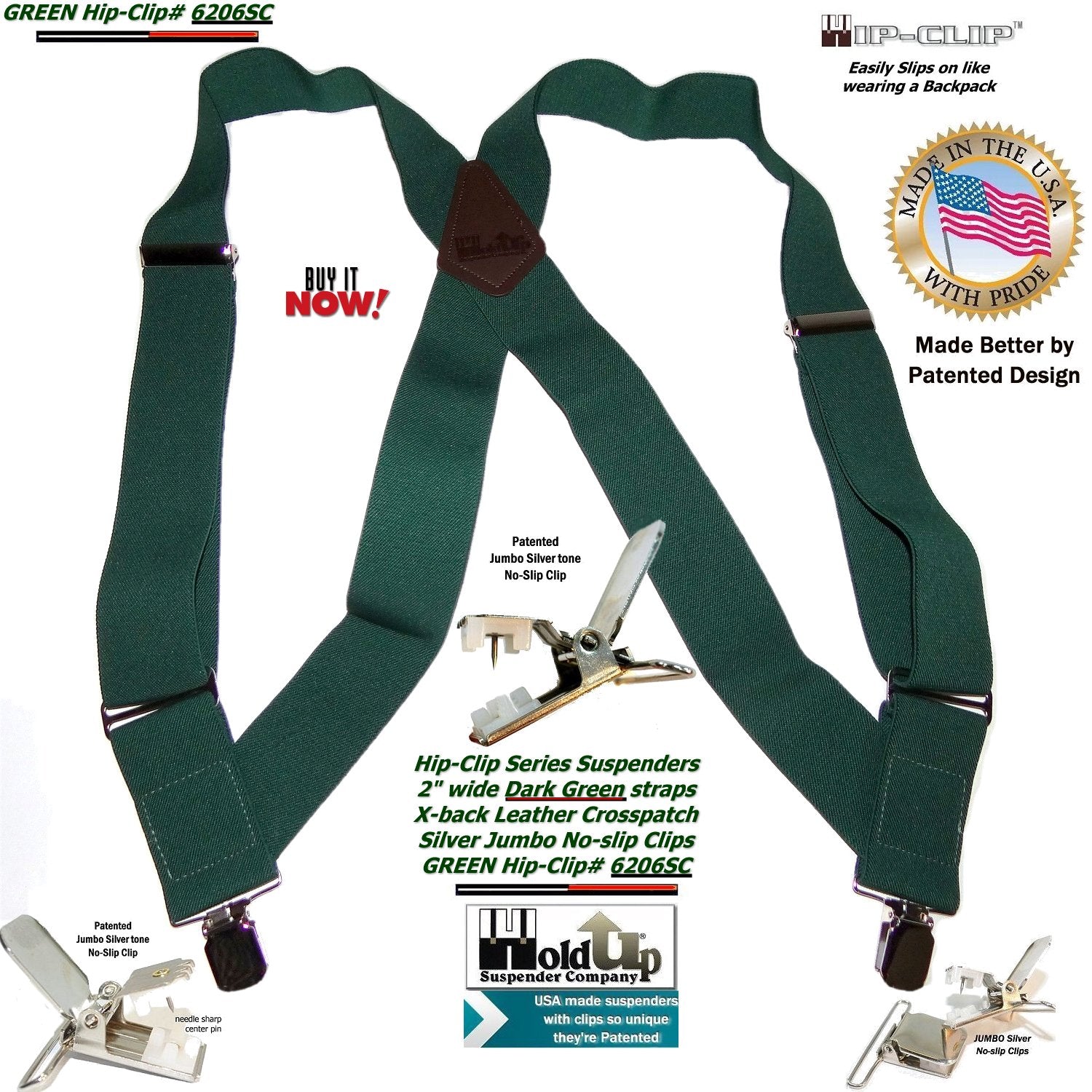 Holdup Brand Dark Green Hip-clip Side Clip-on Suspenders with Jumbo no-slip clips