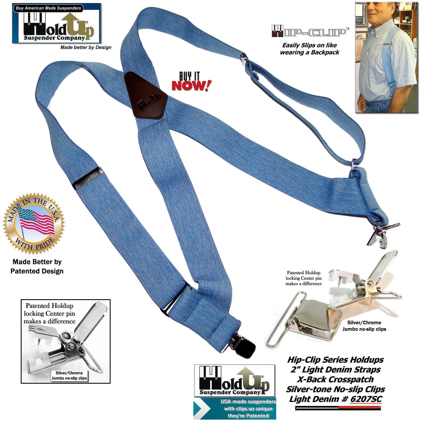 Holdup Brand Light Blue Denim Trucker Style 2" Wide Hipclip Suspenders with Patented Jumbo No-slip Clips