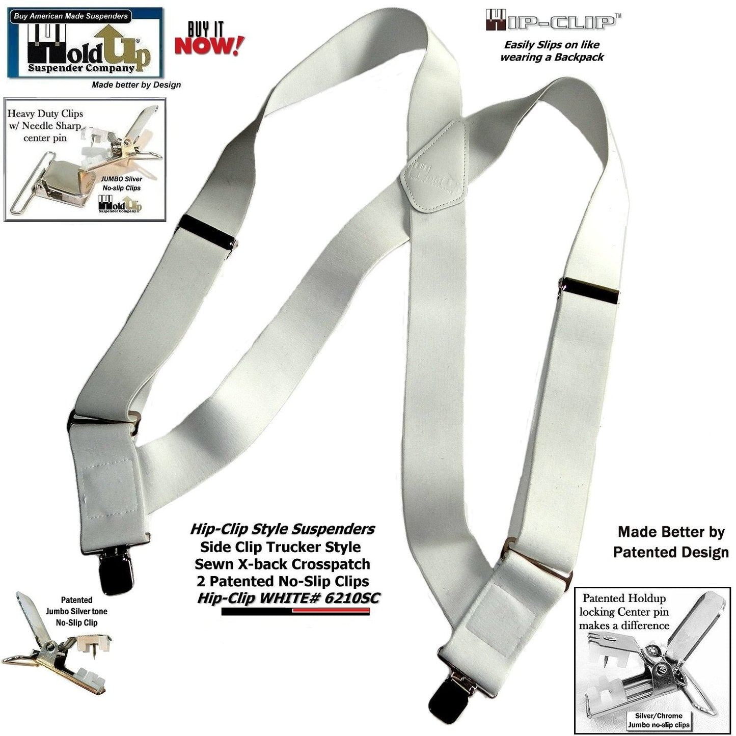 Holdup Brand All White 2" Wide Hip-Clip Suspenders with USA Patented Jumbo Silver No-slip Clips