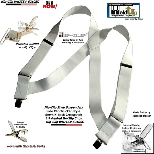 Holdup Brand All White 2" Wide Hip-Clip Suspenders with USA Patented Jumbo Silver No-slip Clips