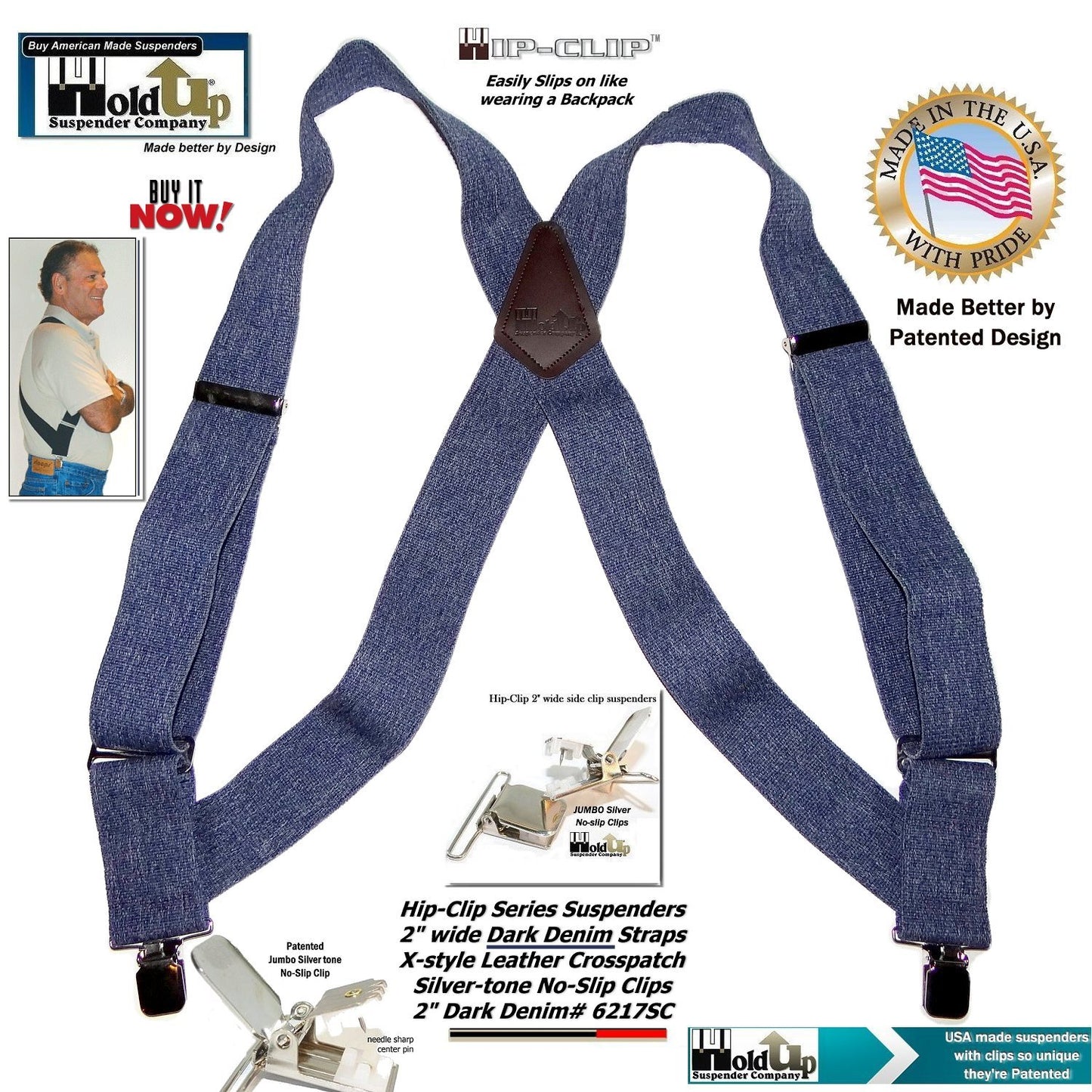 HoldUp Brand Dark Denim Trucker Style Hip-clip Suspenders with Patented Silver tone Jumbo No-slip Clips