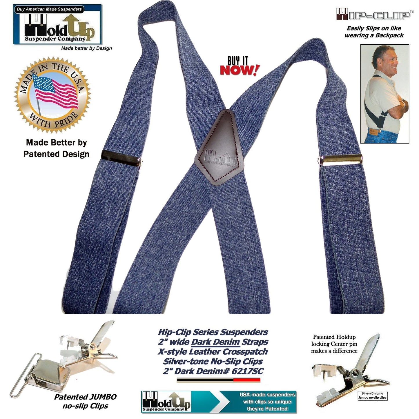 HoldUp Brand Dark Denim Trucker Style Hip-clip Suspenders with Patented Silver tone Jumbo No-slip Clips