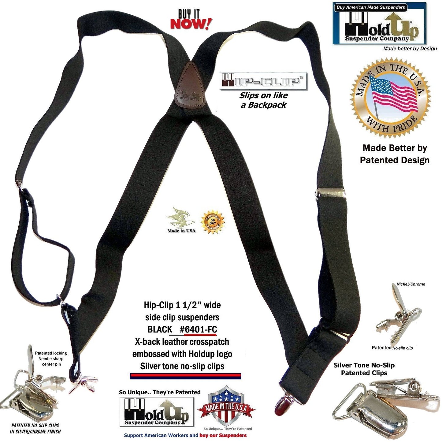Holdup Brand Black Trucker Style Hip-clip X-back Suspenders with silver No-Slip Clips