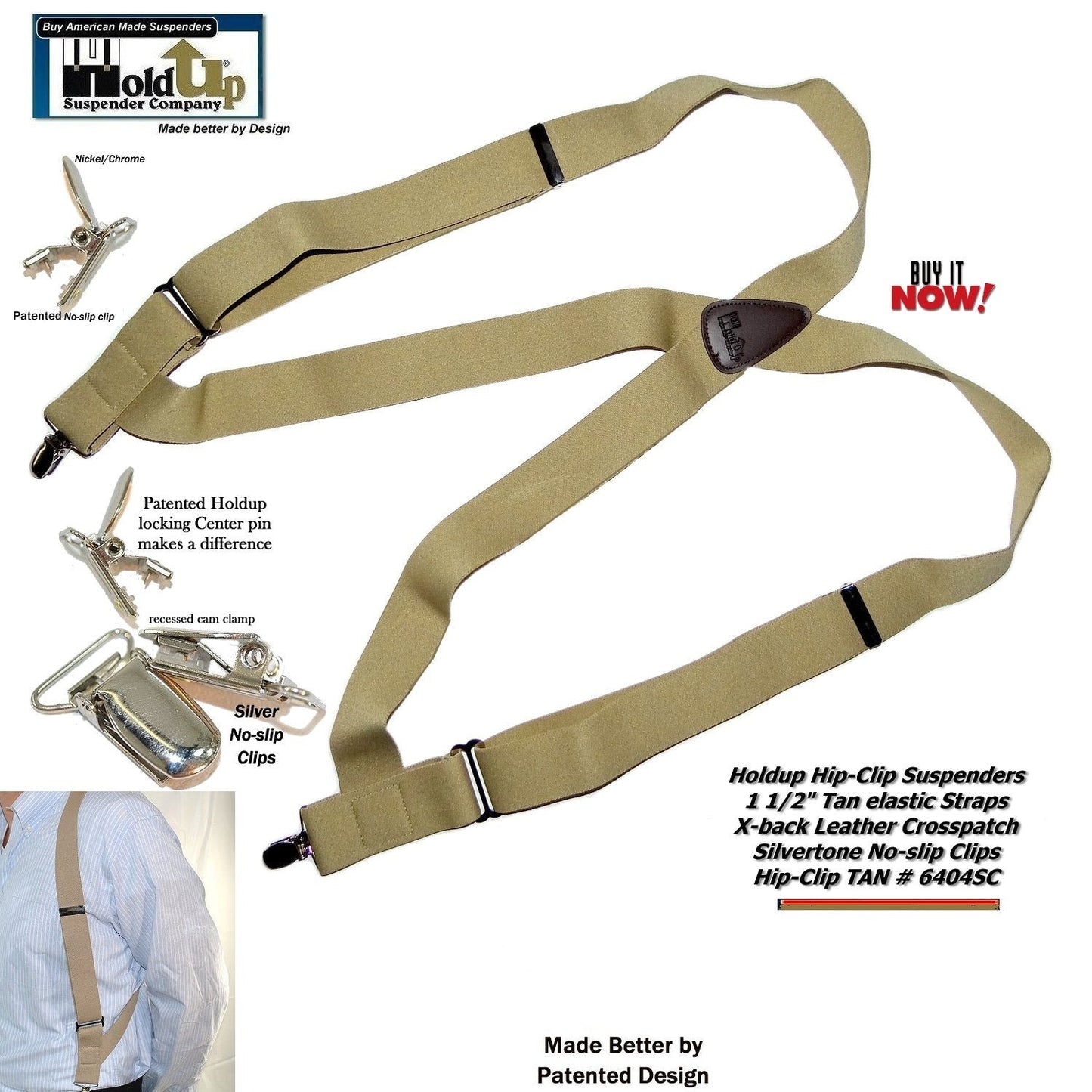 Hold-Ups Tan Trucker Style Hip-clip Series Suspenders in 1 1/2" Width and USA Patented No-slip Silver Clips