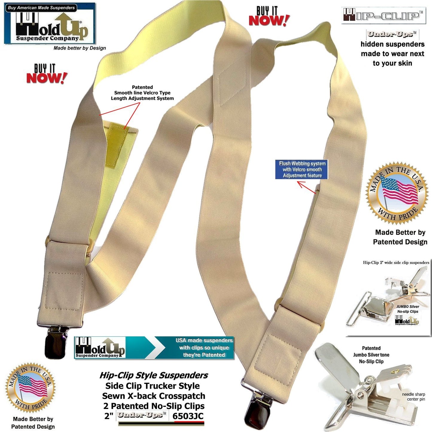 Hip-clip style  2" Wide Holdup Undergarment  hidden Suspenders with Patented No-slip Metal Clips