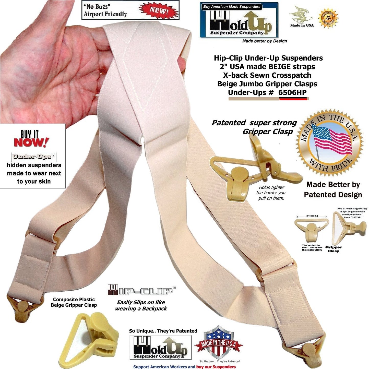 HoldUp Brand 2" Wide Tan Under Up Suspenders With Patented Jumbo Gripper Clasp