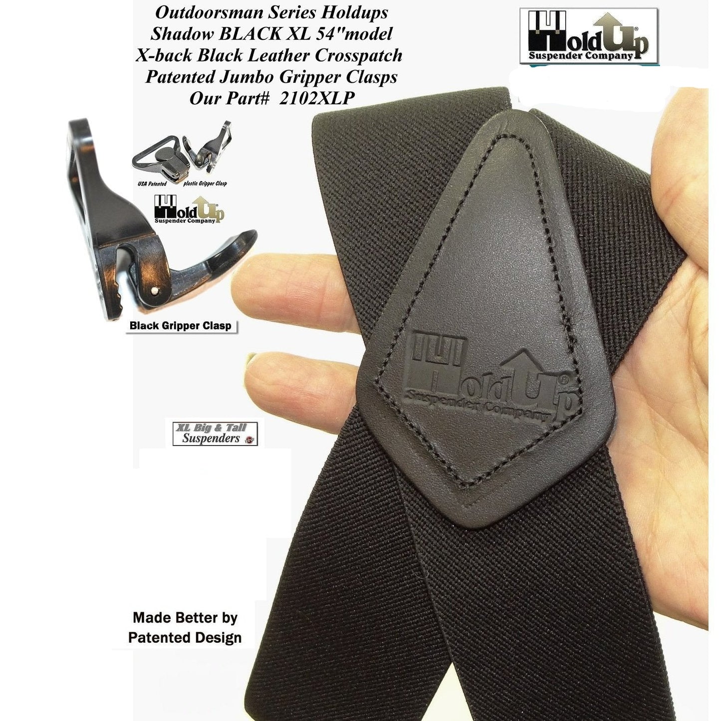 Holdup Brand XL length Shadow Black 2" wide Work Suspenders with black composite plastic Jumbo Black USA Patented Gripper Clasps