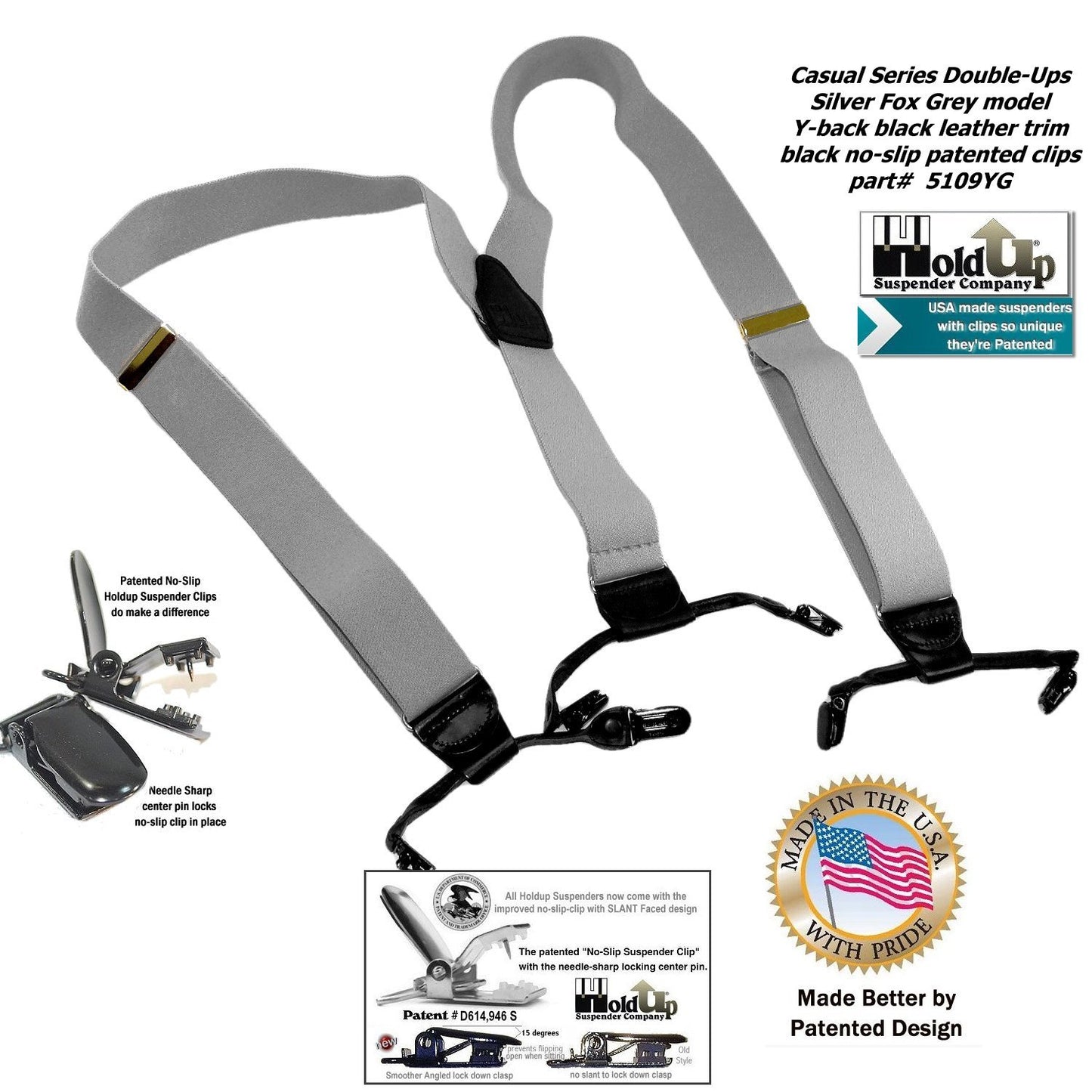 Holdup Brand Silver Fox Grey Dual-clip Double-ups Style Suspenders 1 1/2" wide with Patented No-slip Clips