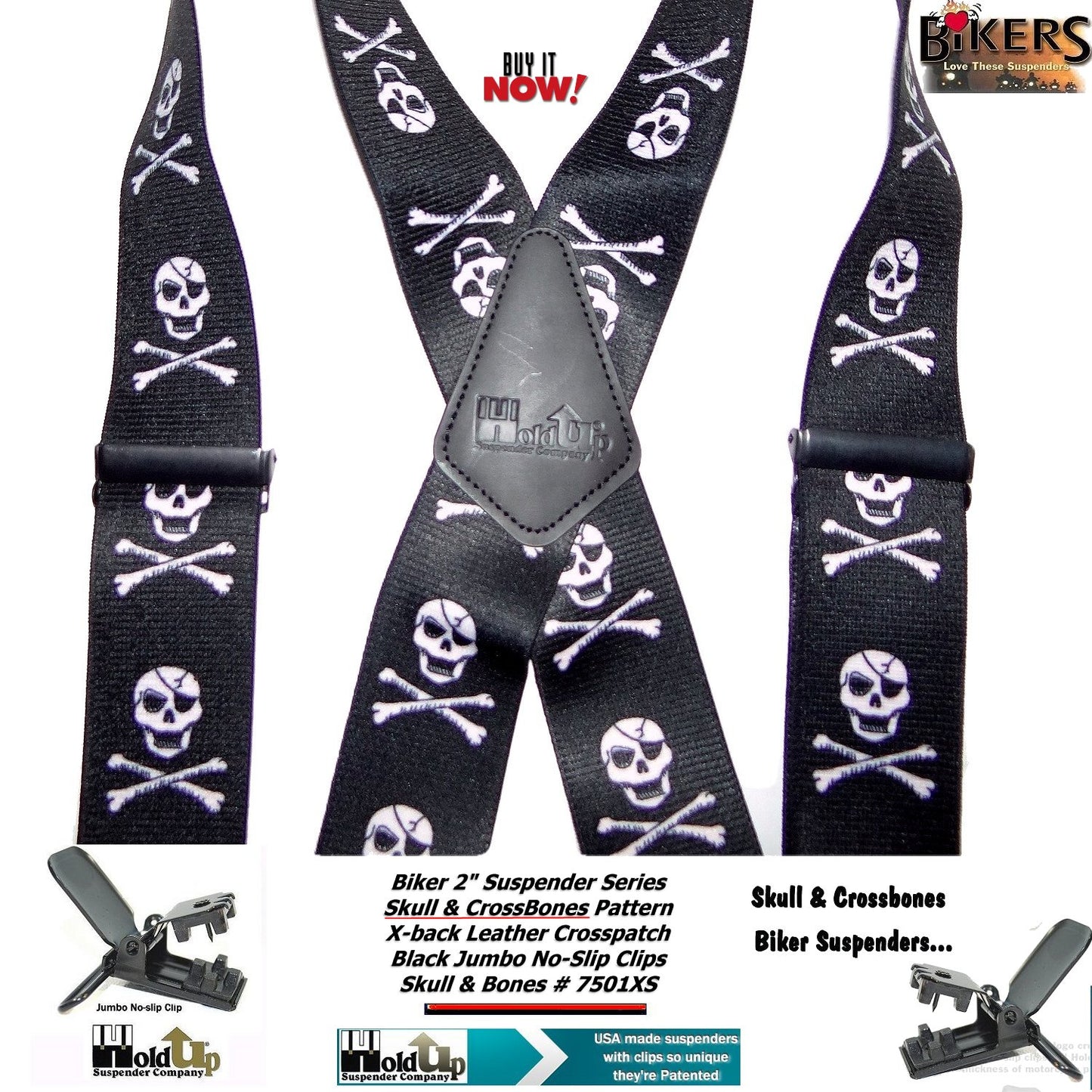 Holdup Brand USA made 2" wide Biker Skull & Crossbones pattern X-back suspenders with Jumbo no-slip clips