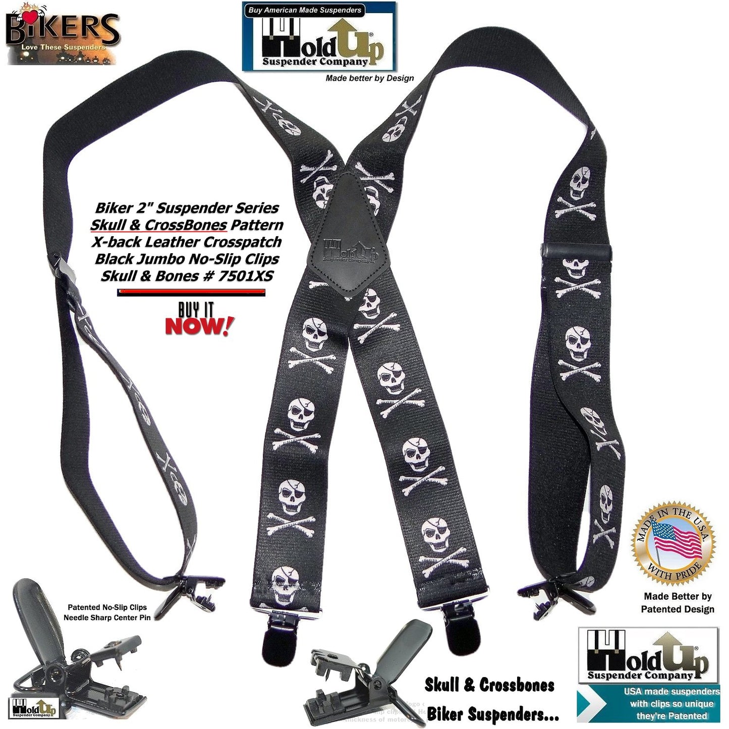 Holdup Brand USA made 2" wide Biker Skull & Crossbones pattern X-back suspenders with Jumbo no-slip clips