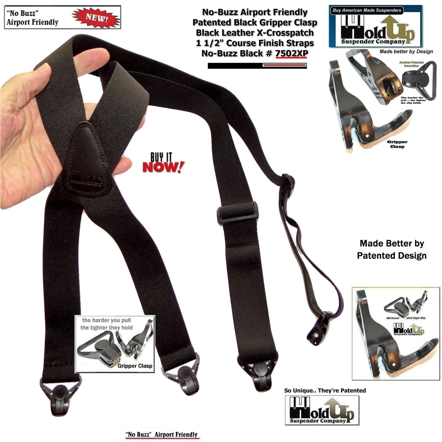 Holdup Brand No-buzz Airport Friendly Black X-Back Suspenders with composite plastic strong Patented Gripper Clasps
