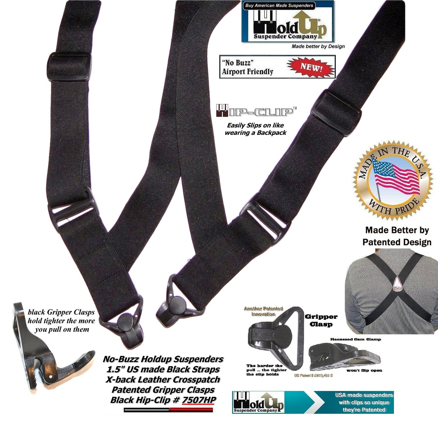 HoldUp Brand Specialty Series Black Airport Friendly Suspenders with Jumbo Gripper Clasp