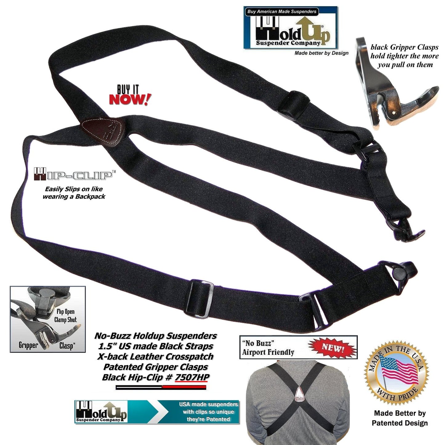 HoldUp Brand Specialty Series Black Airport Friendly Suspenders with Jumbo Gripper Clasp