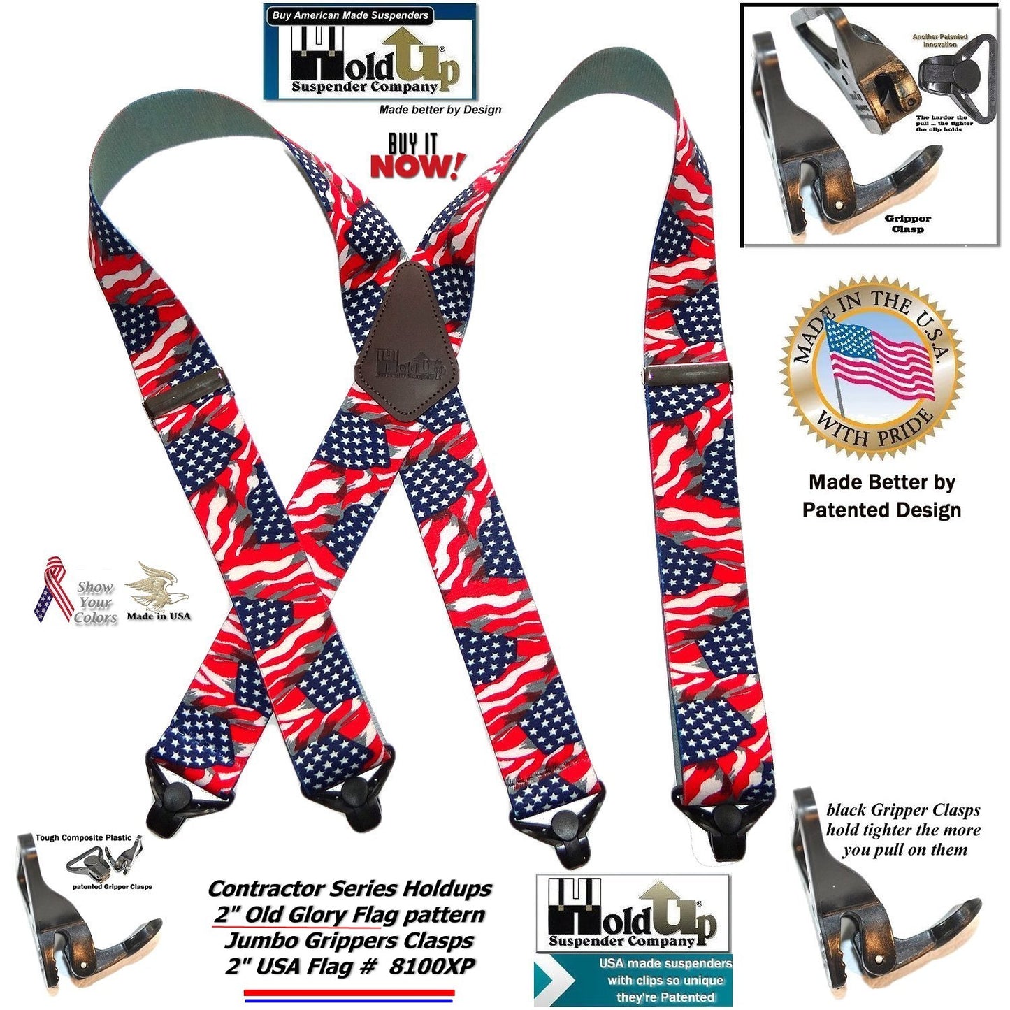 Holdup Old Glory US Flag pattern X-back Suspenders with super strong black Gripper Clasps