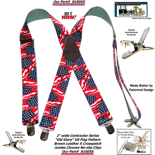 USA Old Glory Flag Pattern X-Back Holdup Suspenders with USA Patented No-slip Silver Clips