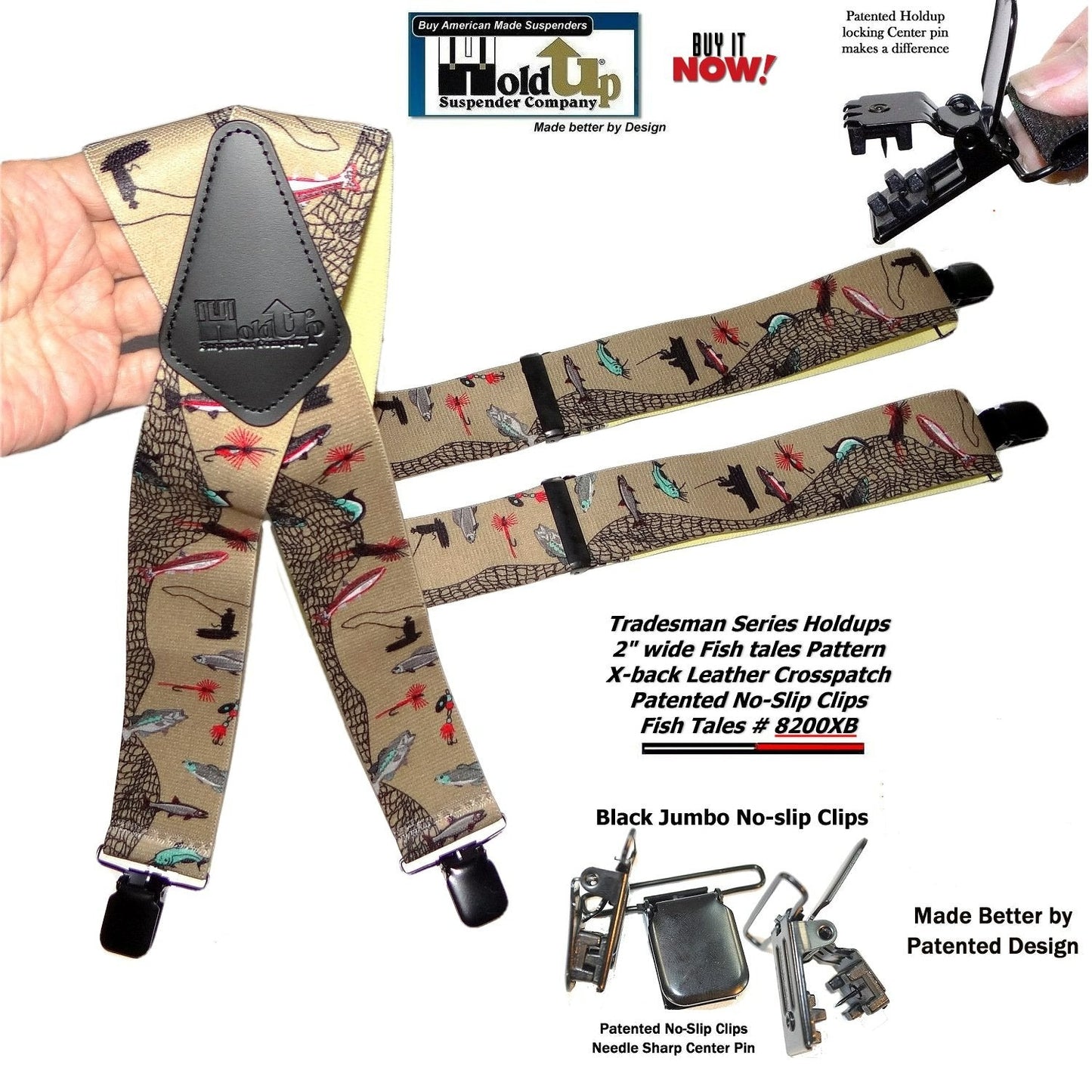 Holdup Brand Ourdoorsman Series X-back suspenders In The Fish Tales Pattern And Jumbo USA Patented No-Slip Center Pin Clips