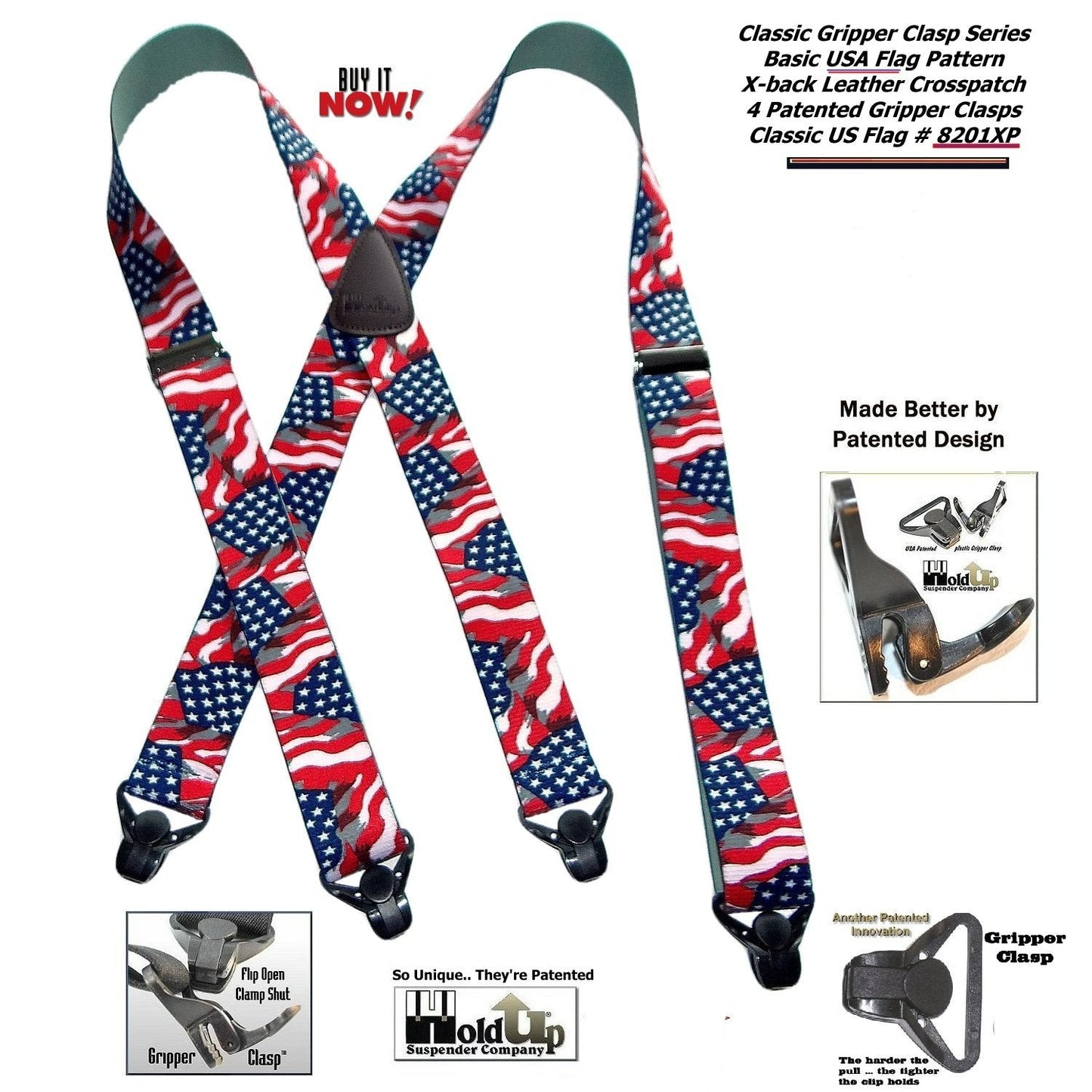 Classic Series American Flag Suspender with USA Patented Black Gripper Clasp