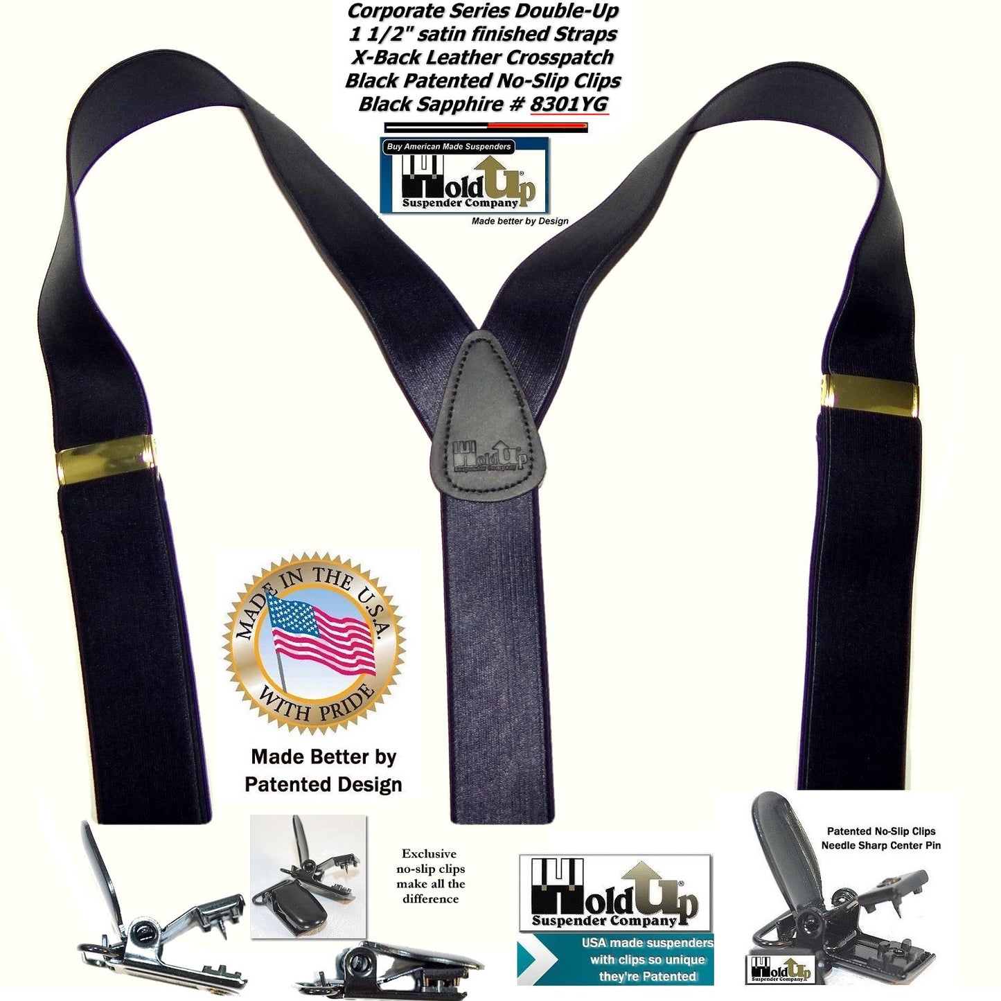 Holdup Black Sapphire 1 1/2" Wide Satin Finish Double-ups Style suspenders with Patented No-slip clips