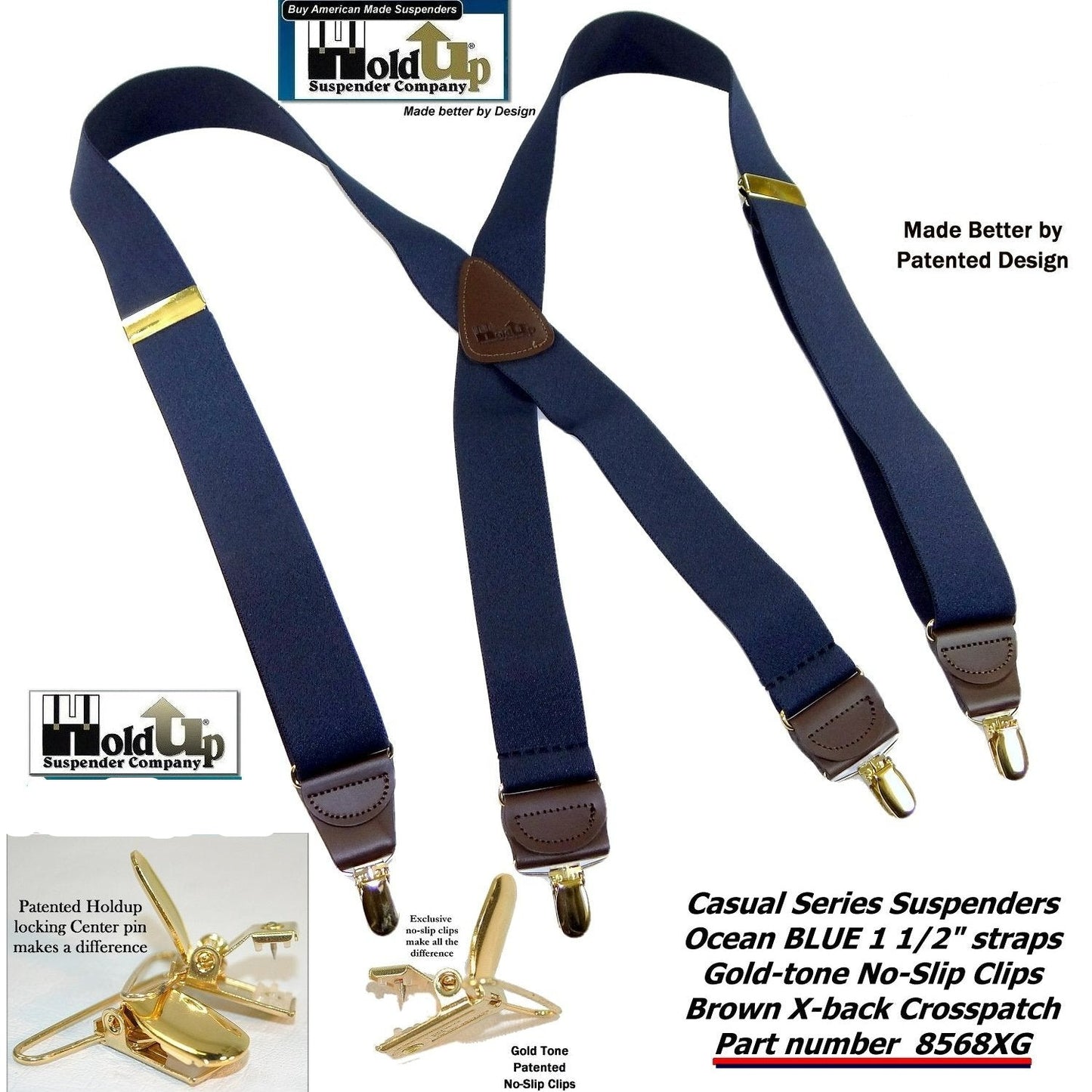 USA Made Holdup Suspenders Dark Ocean Blue 1 1/2" wide X-back Suspenders with Patented No-slip Gold-tone  Clips