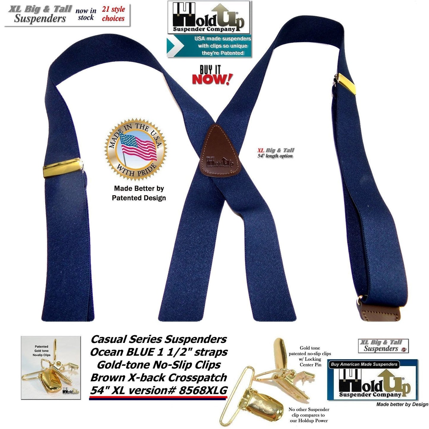 HoldUp Brand XL Dark Ocean Blue Holdup X-back suspenders for the Big and Tall man with gold tone patented no-slip clips
