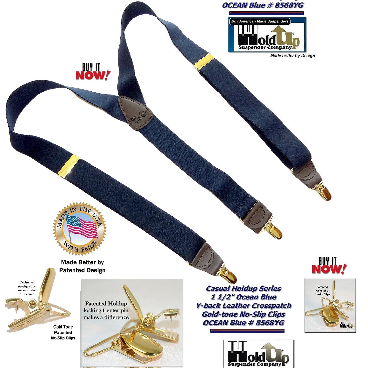 HoldUp Brand Dark Ocean Blue Y-back Casual Series Suspender with Gold-tone no-slip Clips