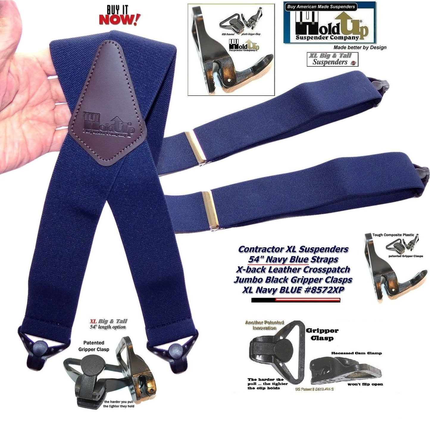 Hold-Ups Extra Long XL Navy Blue work Suspenders with Jumbo Gripper Clasps