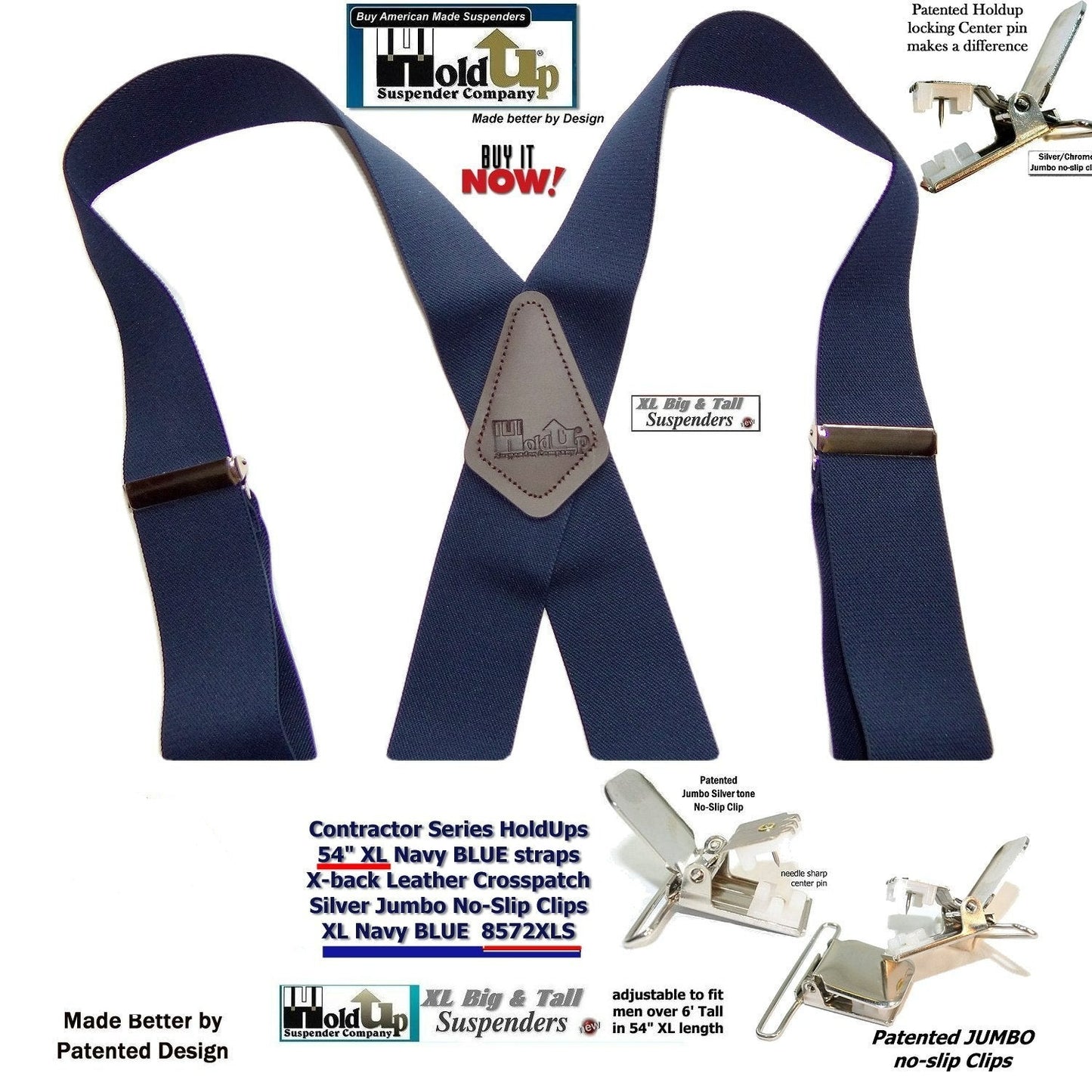 Holdup Suspender Company Extra Long XL Navy Blue wide work Suspenders with Jumbo Silver tone No-slip Clips