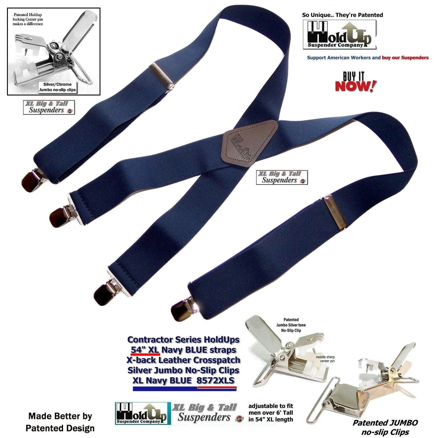 Holdup Suspender Company Extra Long XL Navy Blue wide work Suspenders with Jumbo Silver tone No-slip Clips