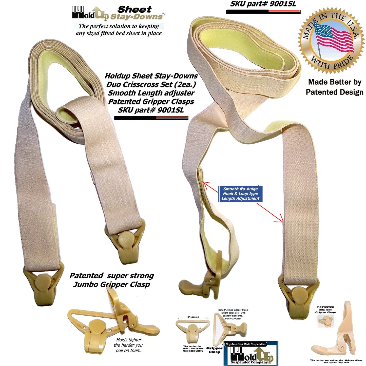 Hold-Up Crisscross long Fitted Sheet Strap called Stay-downs with US Patented Gripper Clasps