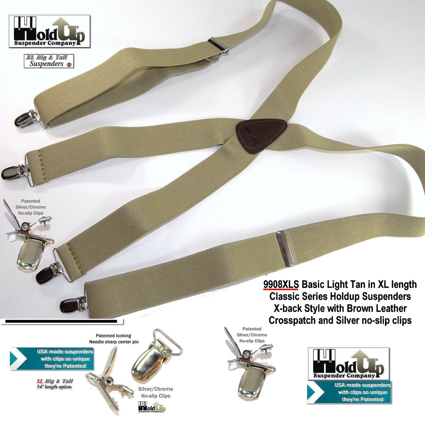Hold-Ups Classic tan XL suspenders 1 1/2"wide 54' long with patented silver no-slip clips