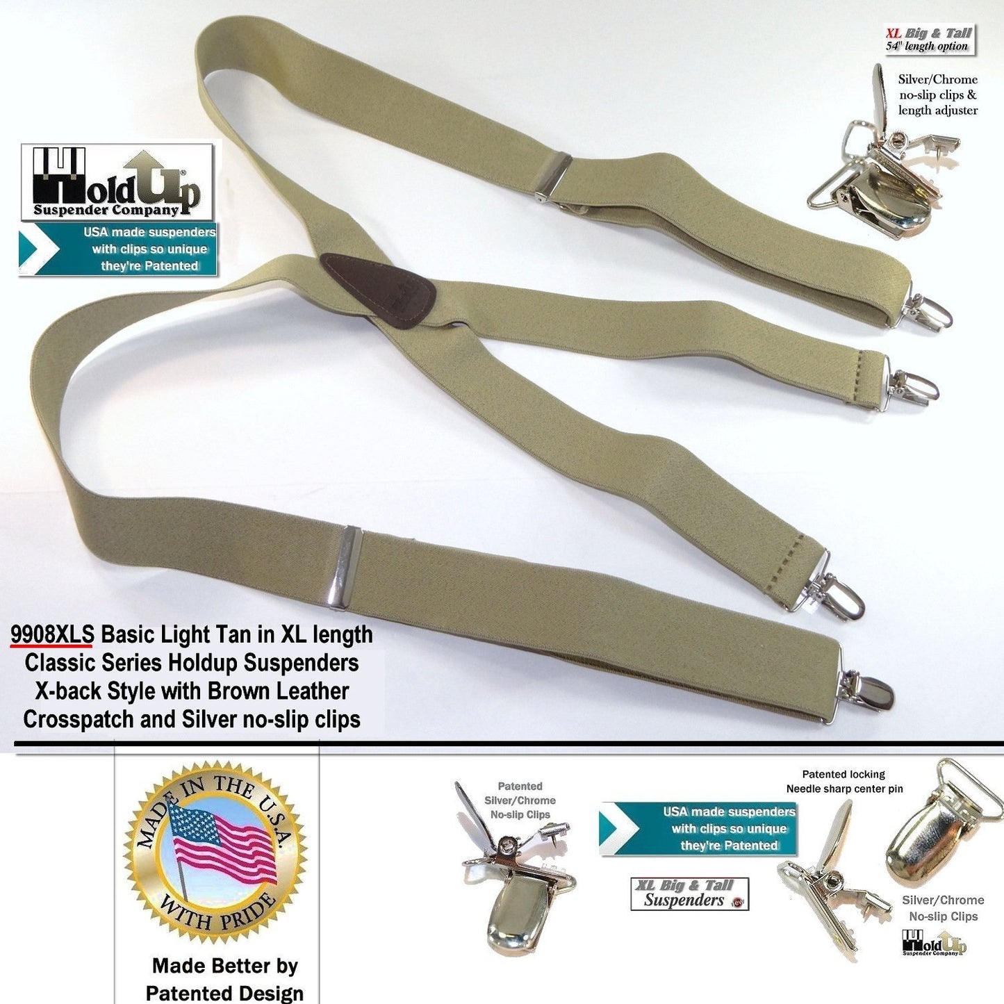 Hold-Ups Classic tan XL suspenders 1 1/2"wide 54' long with patented silver no-slip clips