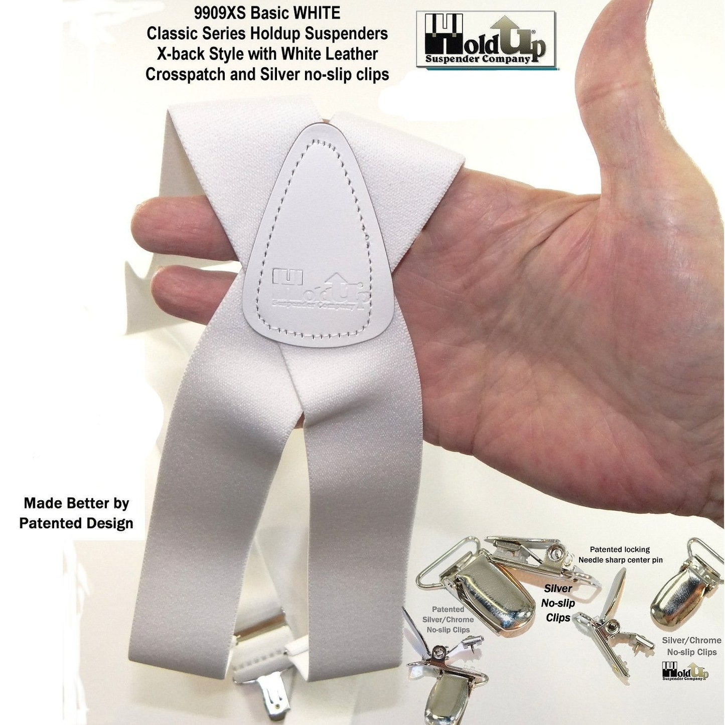 Holdup Suspender Company Classic Series All White X-back clip-on Suspenders with Patented Silver No-slip