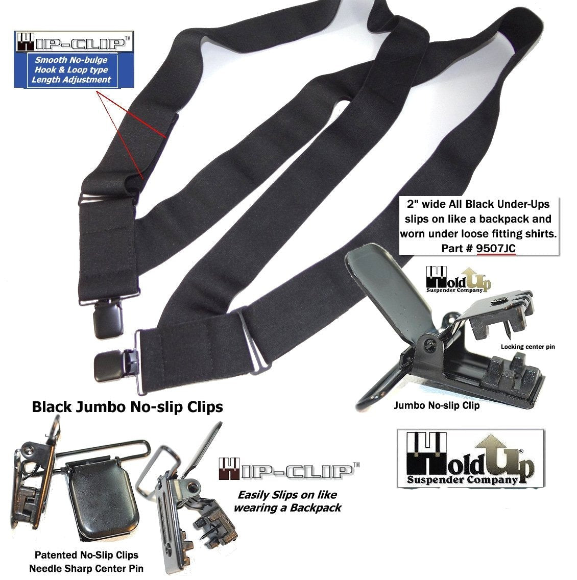HoldUp Brand No-Slip Clip Black 2" Wide Under-Ups suspenders