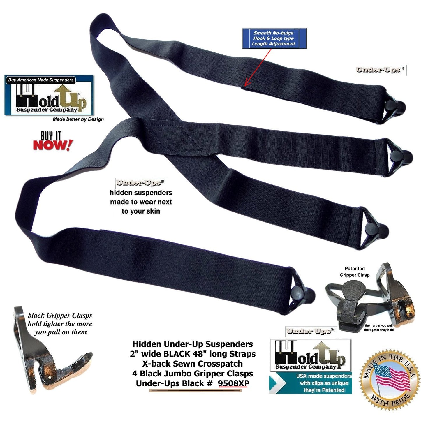 HoldUp Brand 2" Under-Up Series All Black hidden Suspenders with Jumbo Black Gripper Clasp