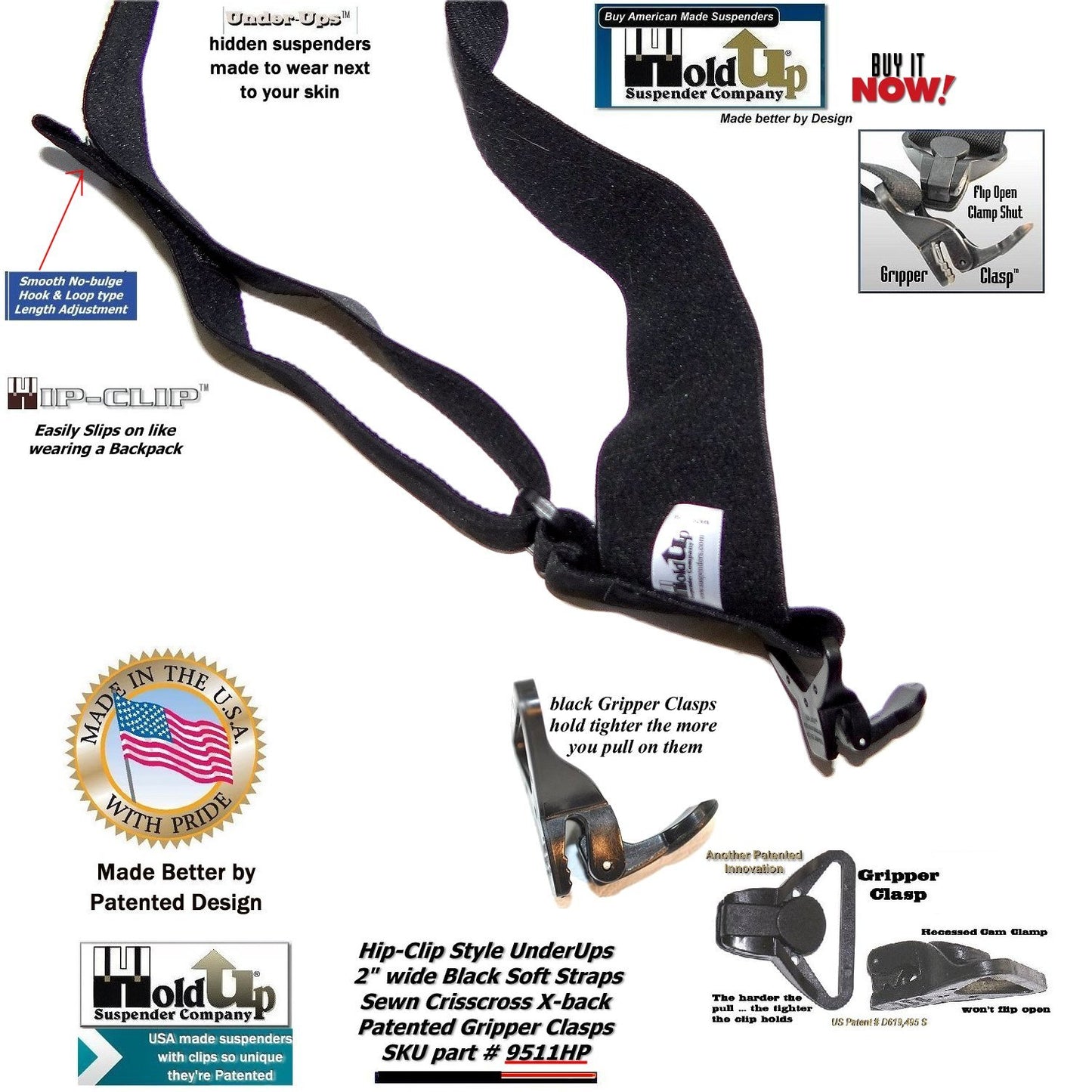 HoldUps Brand Black 2" Wide Under-Up Series Super Soft Suspenders with Patented Jumbo Black Gripper Clasp