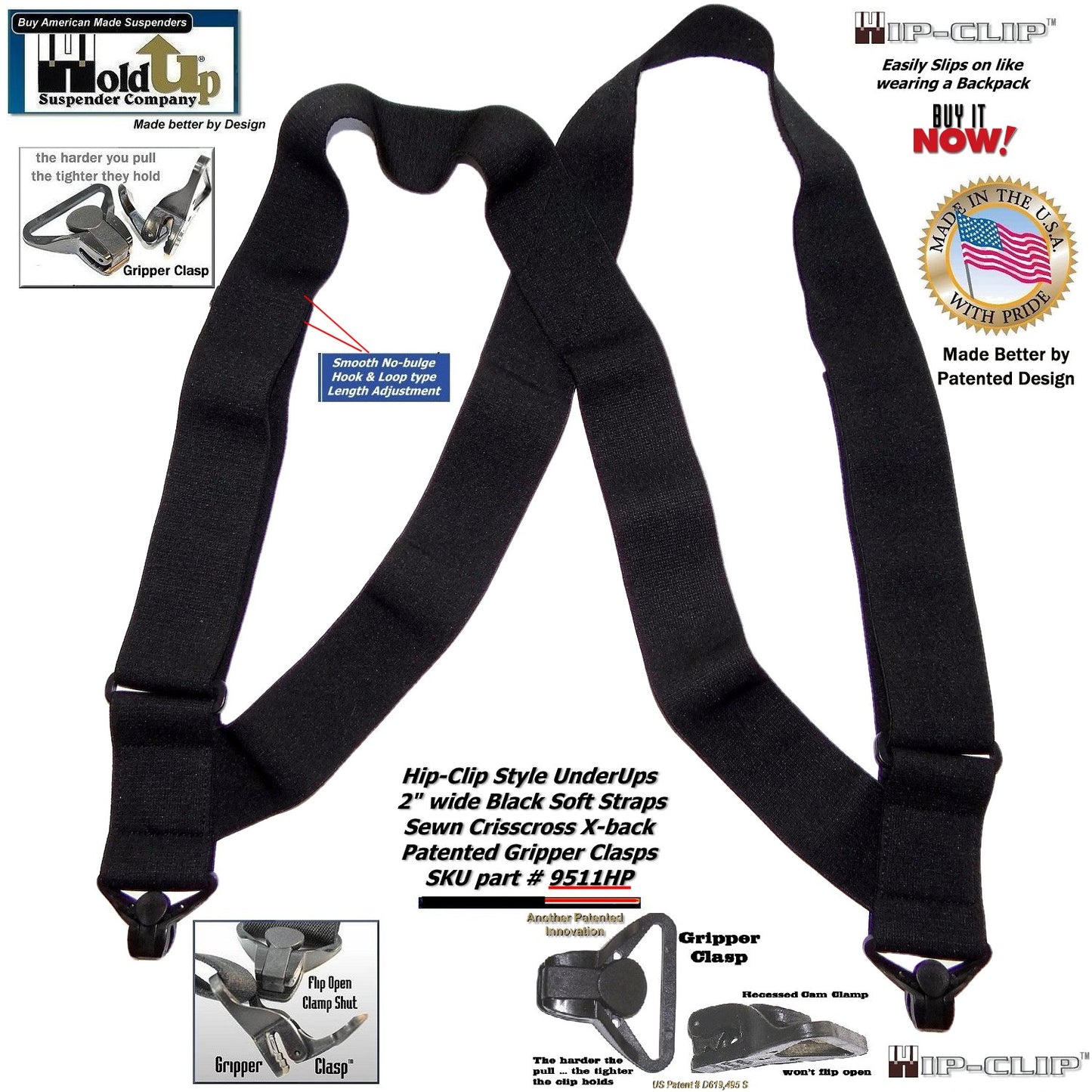 HoldUps Brand Black 2" Wide Under-Up Series Super Soft Suspenders with Patented Jumbo Black Gripper Clasp