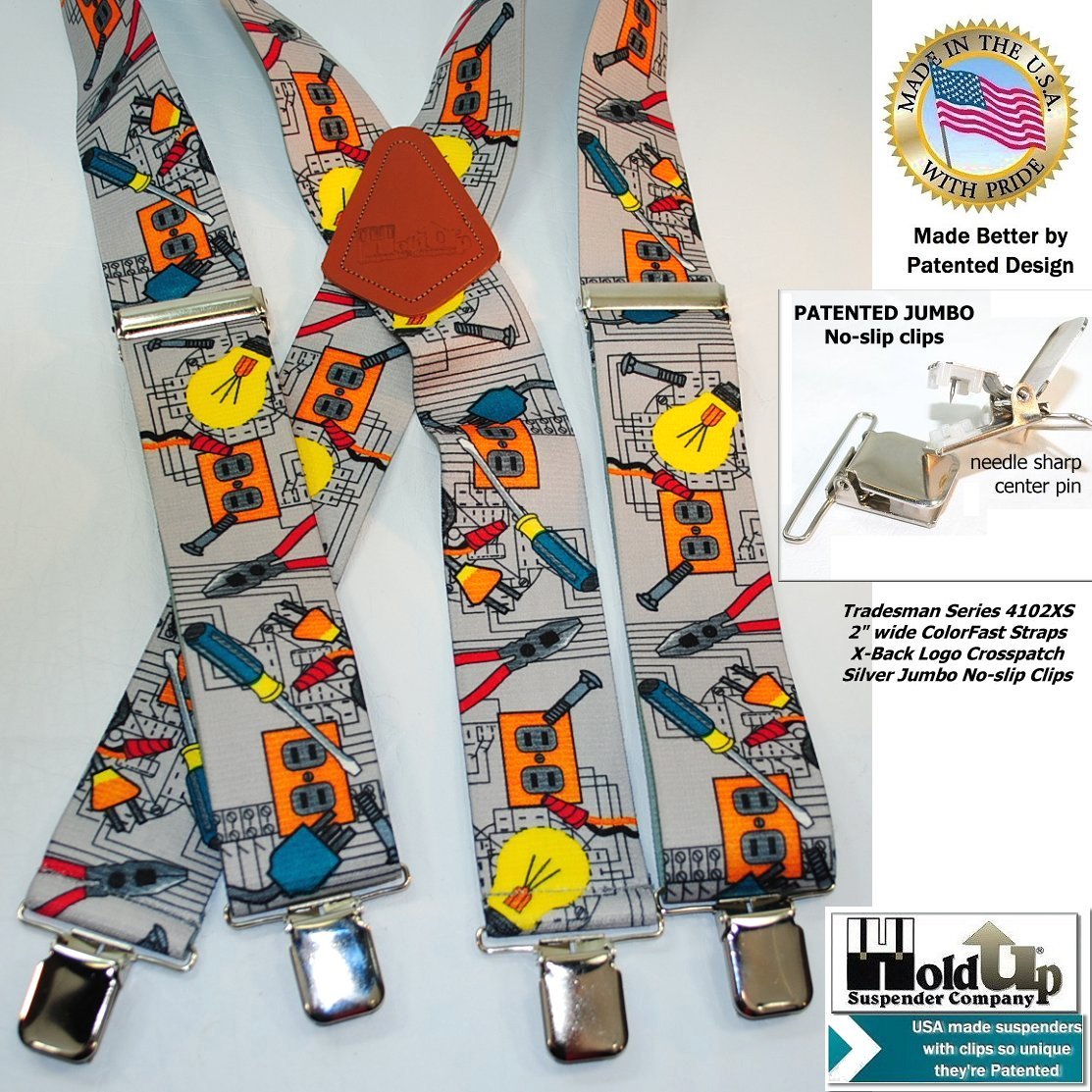 Holdup Brand 2" Wide Tradesman Work Suspenders in Electrician Pattern X-back with Patented No-slip Clips