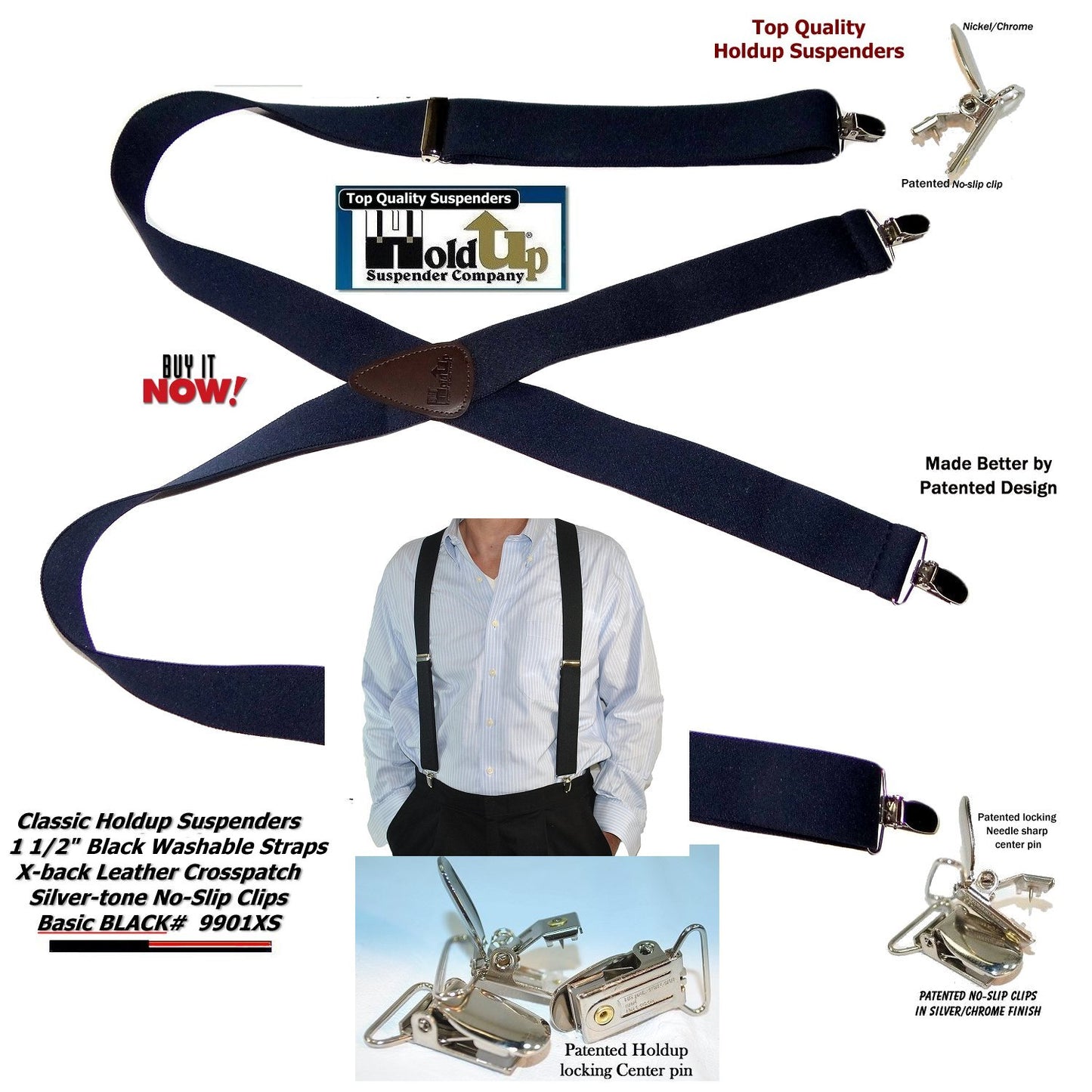 Holdup Suspender Brand Classic X-back Black Suspenders with no-slip USA Patented clips