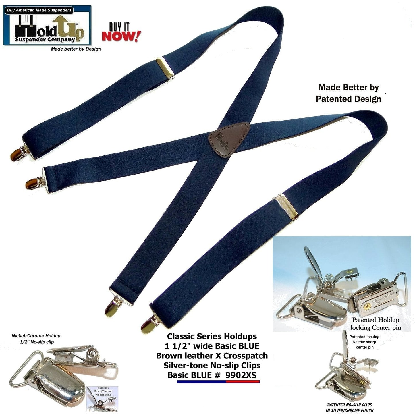 HoldUp Brand Classic Series Basic Dark Blue X-back Suspenders with USA Patented Silver tone No-slip Clips