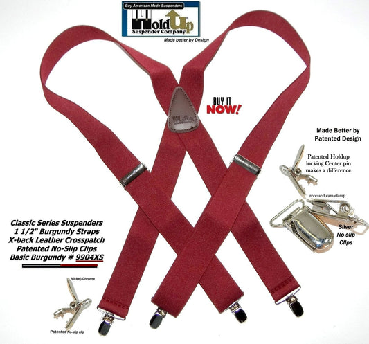 Classic Burgundy X-back Holdup Suspenders with Silver-tone USA patented No-slip Clips